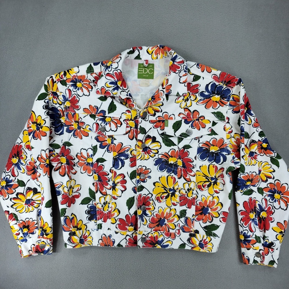 Esprit EDC Trucker Jacket Women M White Floral Print Cotton VTG 90s Button Denim